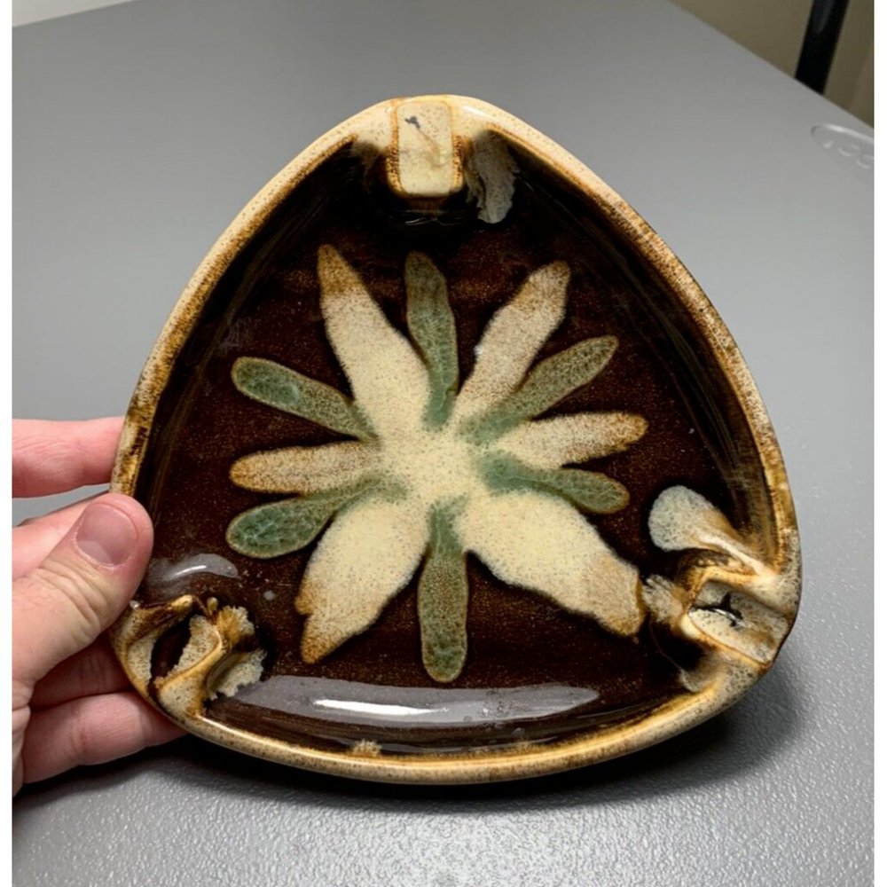 Vintage Dryden Pottery Drip Glaze Brown Ashtray Trinket Hot Springs Arkansas
